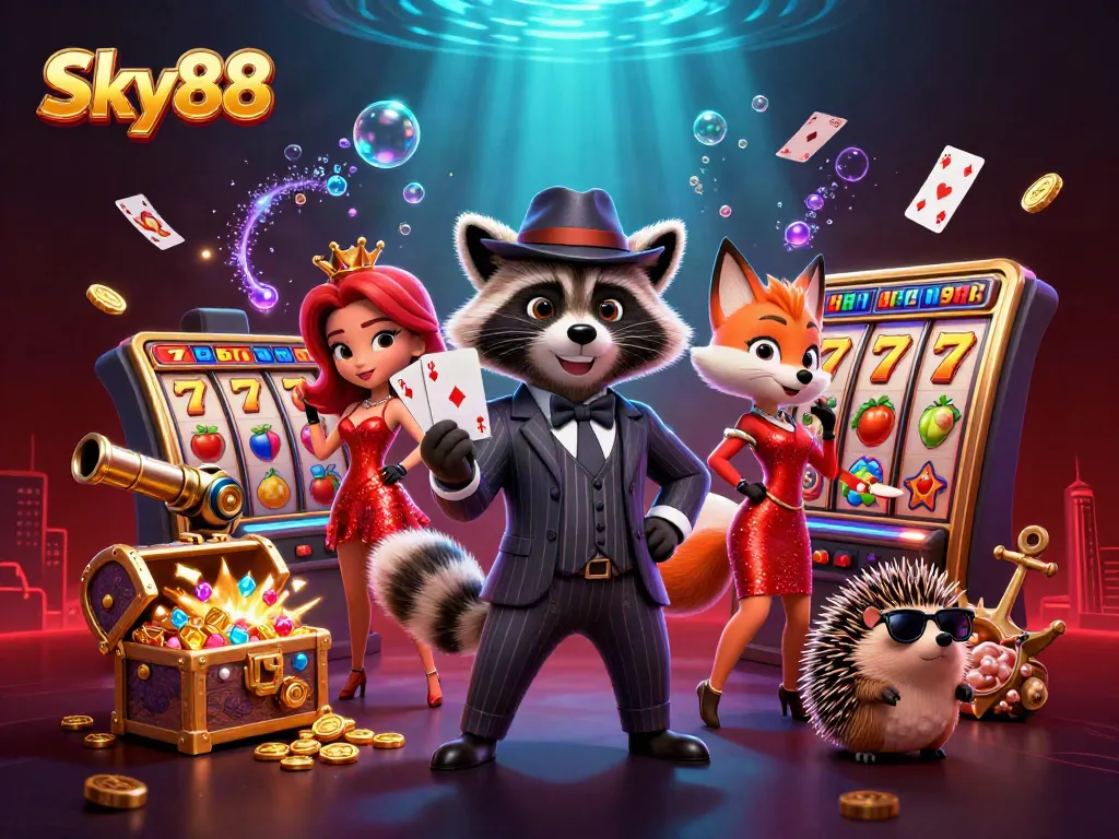 Sky88 showcases a 3D raccoon holding a royal flush among vibrant casino elements, ensuring engaging gameplay.