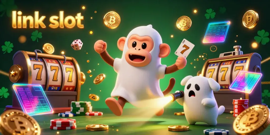 Engaging illustration depicting a link slot casino scene with a playful monkey and ghost-hunter puppy, showcasing dynamic gameplay elements.