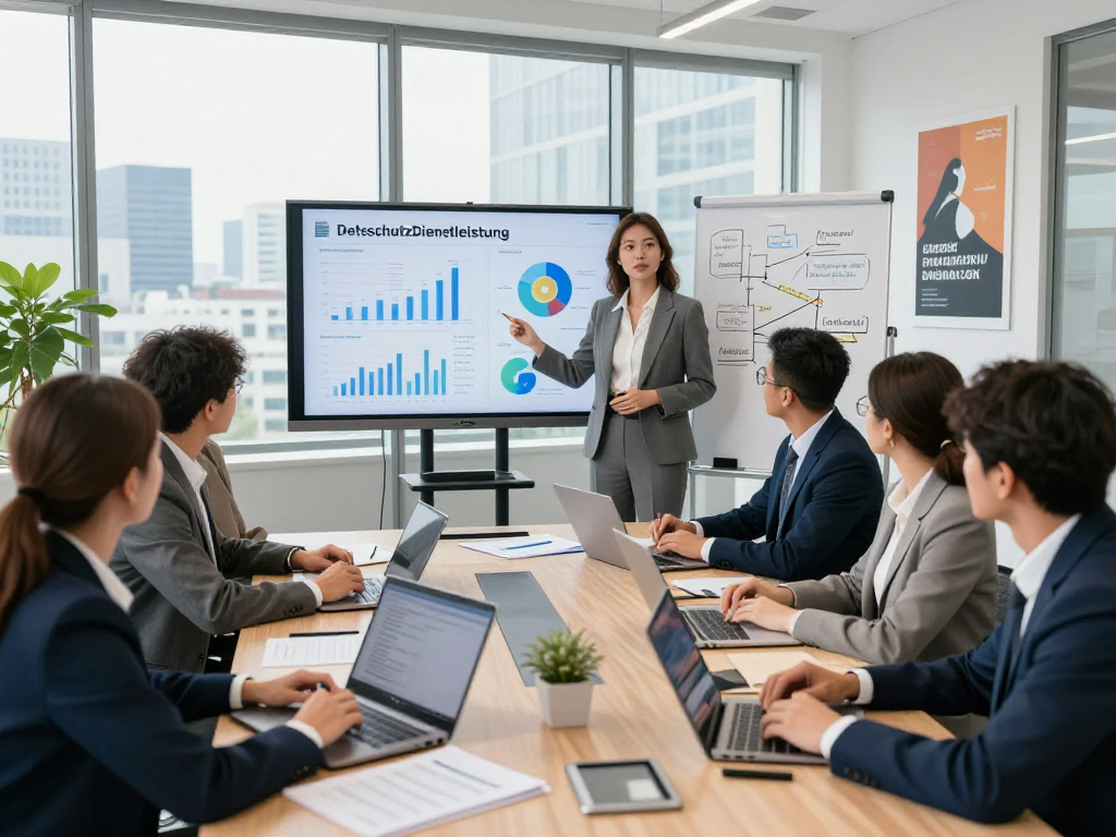 Professionelles Team in einer Konferenzraum-Diskussion zur Datenschutz Dienstleistung mit Grafikdarstellungen.
