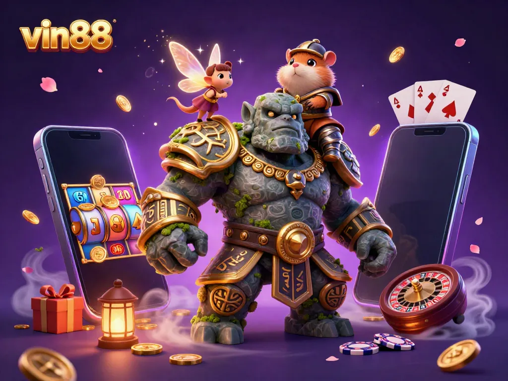 Experience thrilling gameplay at vin88 with a magical scene featuring a golem guardian, a fairy, and a hamster knight amidst casino elements.