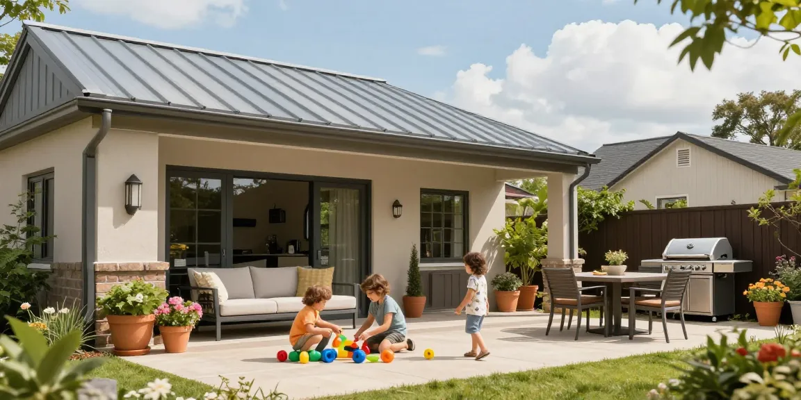 Terrassenüberdachung im Garten mit Familie und gemütlichem Sitzbereich.