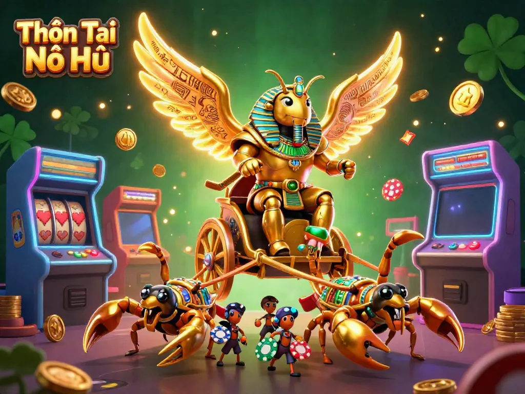 Engage in thrilling gameplay with Thần Tài Nổ Hũ as a golden scarab beetle and scorpions spotlight the excitement of slot games.