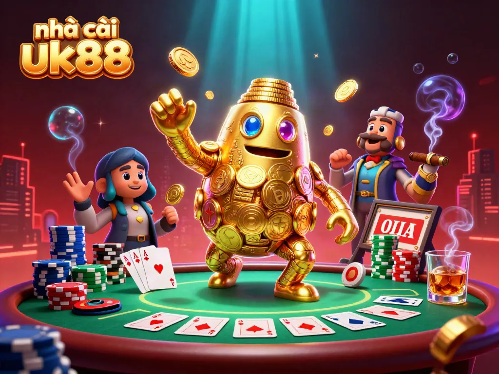 Experience the excitement of nhà cái uk88 with a vibrant 3D illustration featuring a golden golem and poker elements.