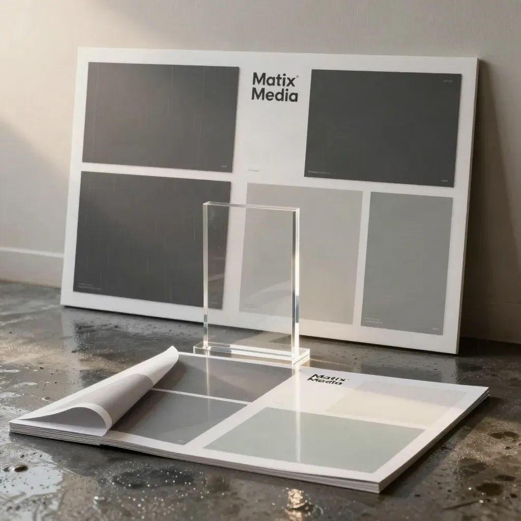 Moody Studioboden mit Logo-Tiles, Webboards und Druckproben im Morgenlicht