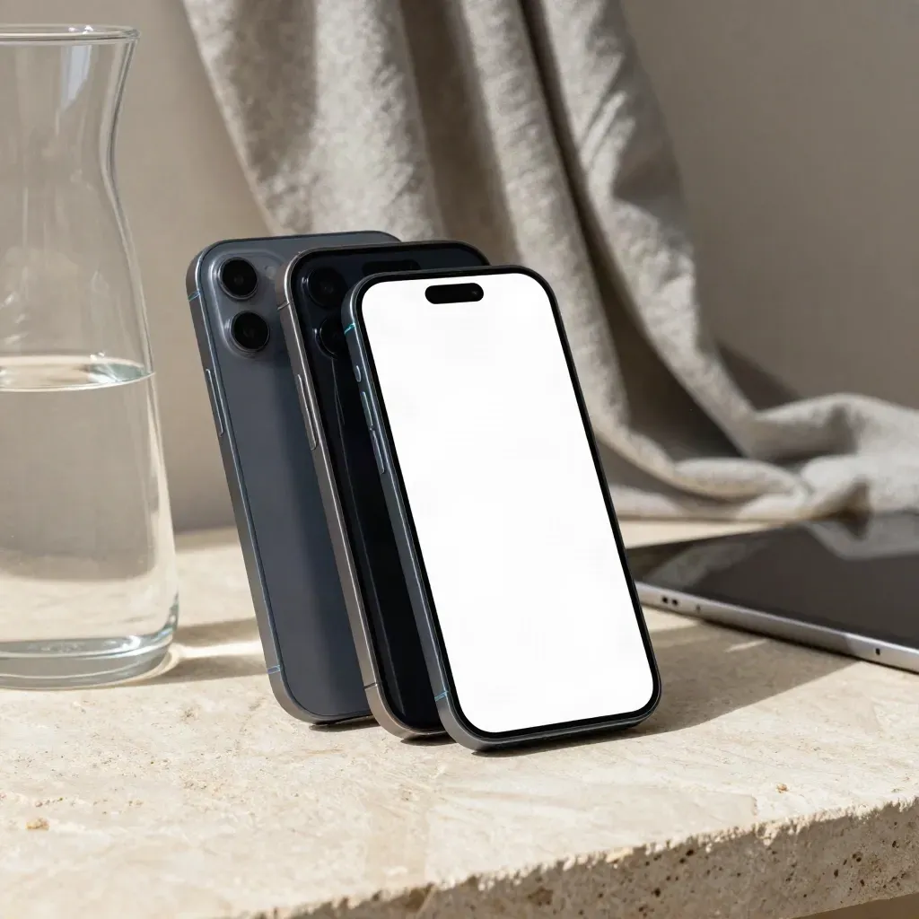 Drei Smartphones, Tablet, Glaskaraffe und Leinentuch auf hellem Steintisch im Tageslicht