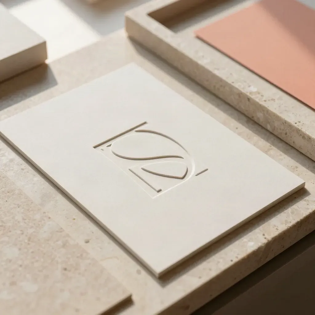 Abstrakter Logo-Prototyp auf Steinplatte mit Prägung und kleinen Ausrichtungsmarken.