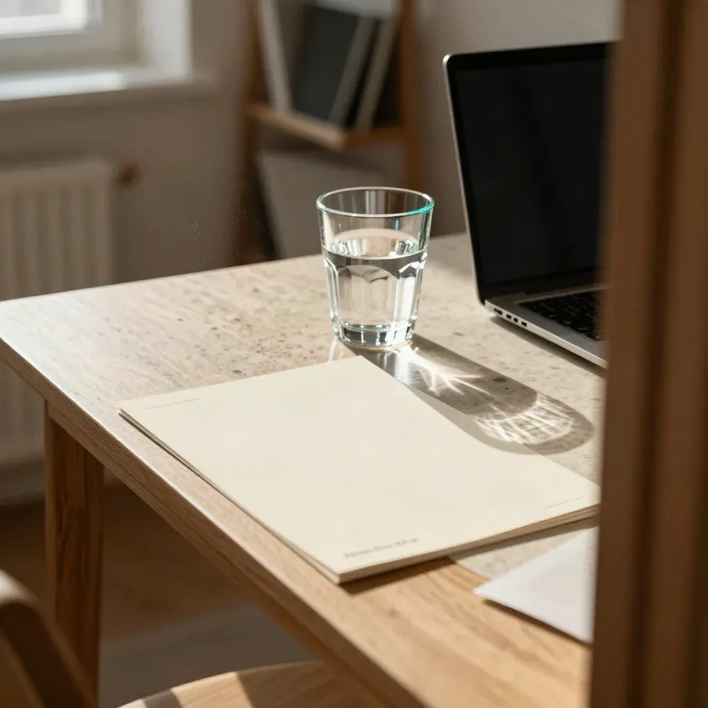 Blick durch eine Tür auf einen Review-Tisch mit Mockups, Wasserglas und Laptop im Abendlicht.
