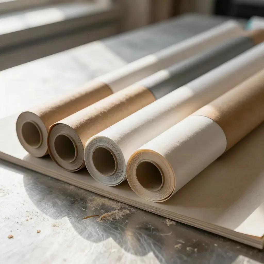 Rollen, Proofsheet und Sampleboard gleiten auf einem Pressetisch in eine saubere Linie.