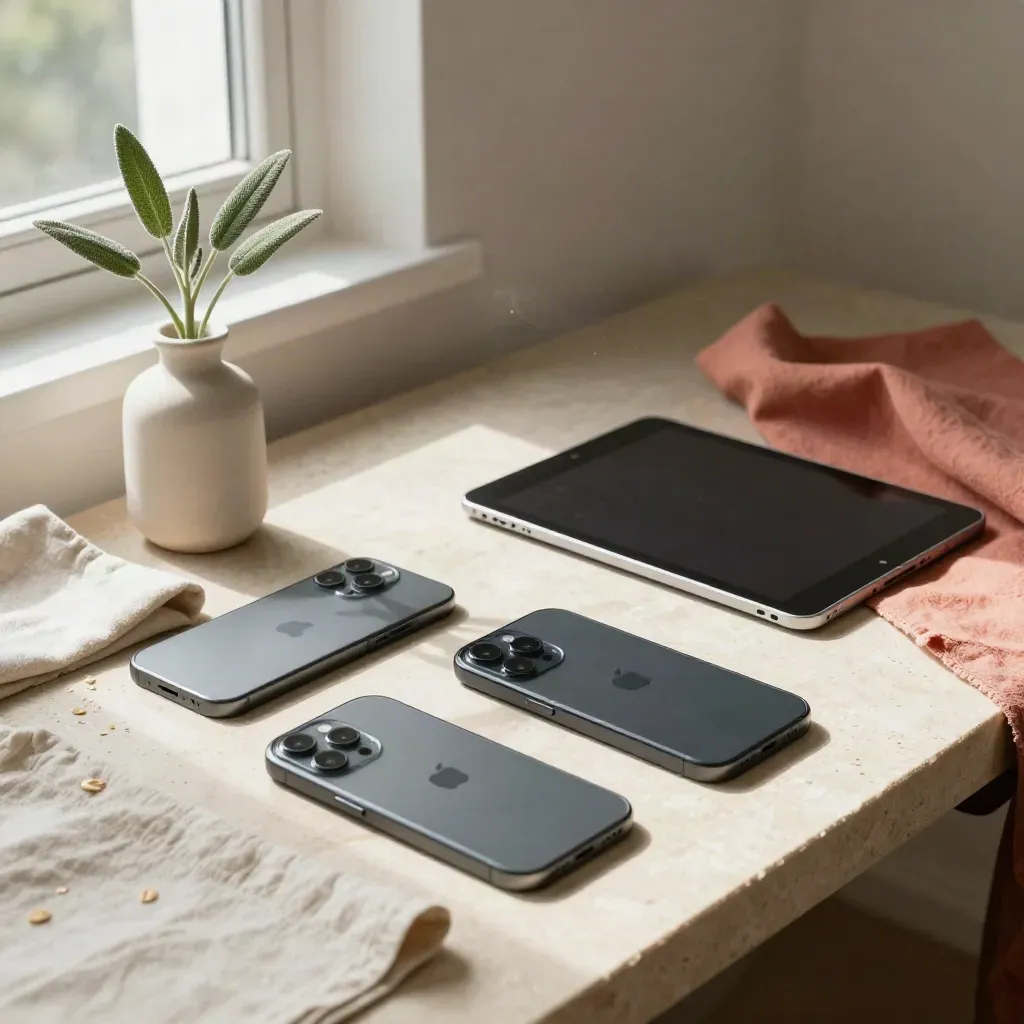 Social-Kit mit zwei Smartphones, Tablet, Stoff und Pflanzestiel im warmen Morgenlicht.