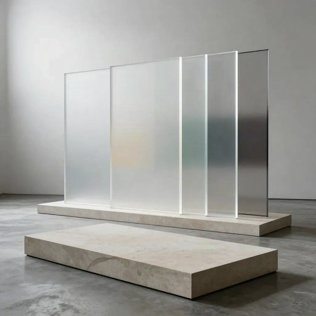 Transparente Webgrafik-Panels und Bildschirm im Studio auf grauem Betonboden