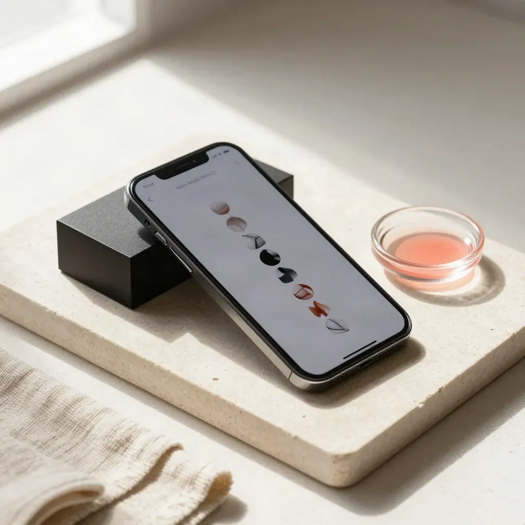 Smartphone auf Steinschale mit Stoff, Block und Glasschale im hellen Tageslicht