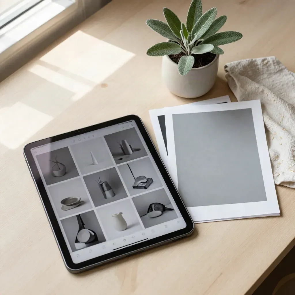 Tablet mit unscharfer Thumbnail-Mosaikansicht, zwei Proofs, Pflanze und hellem Tuch auf hellem Holz.