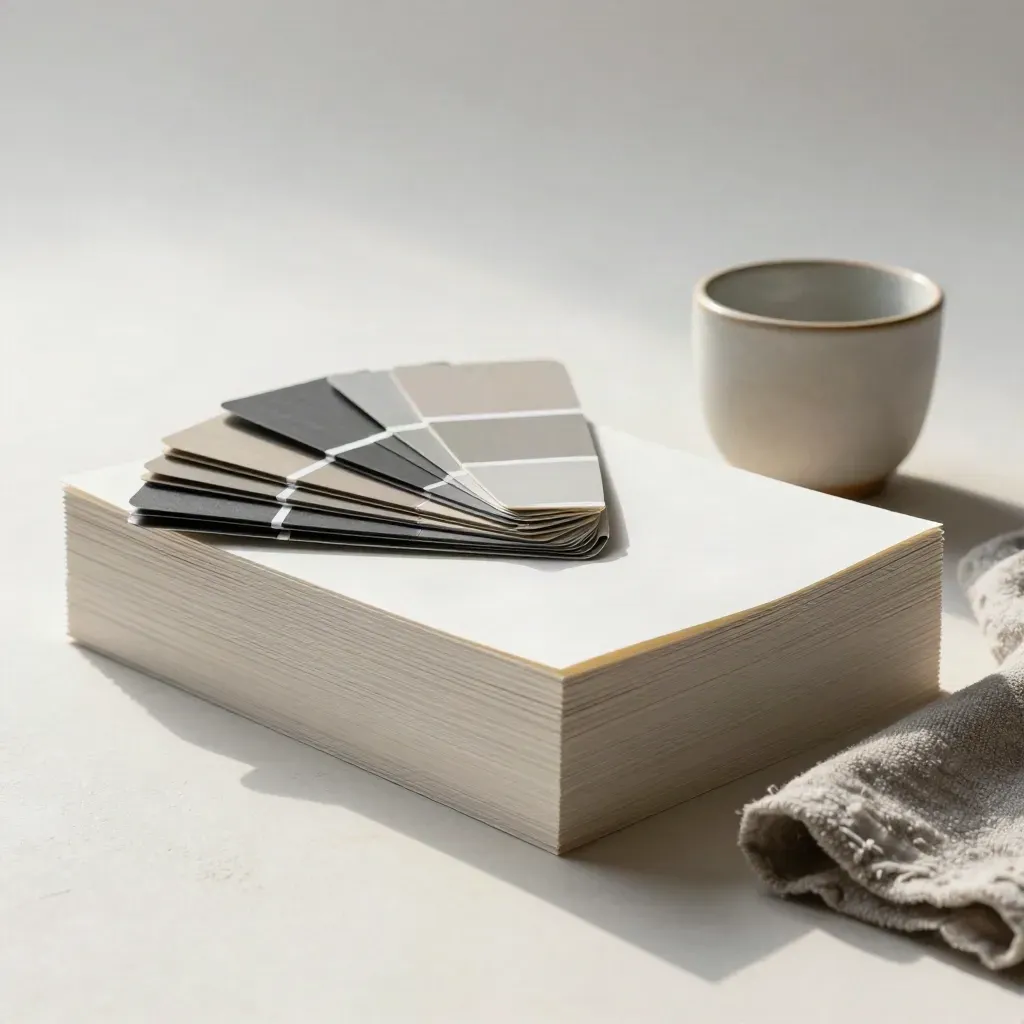 Proofstapel, Swatch-Fächer, Keramiktasse und graues Tuch auf hellem Plastergrund.