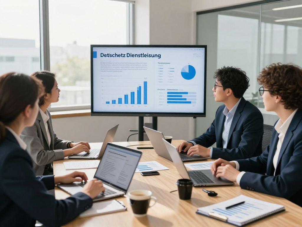 Engaged team discussing Datenschutz Dienstleistung in a modern office.