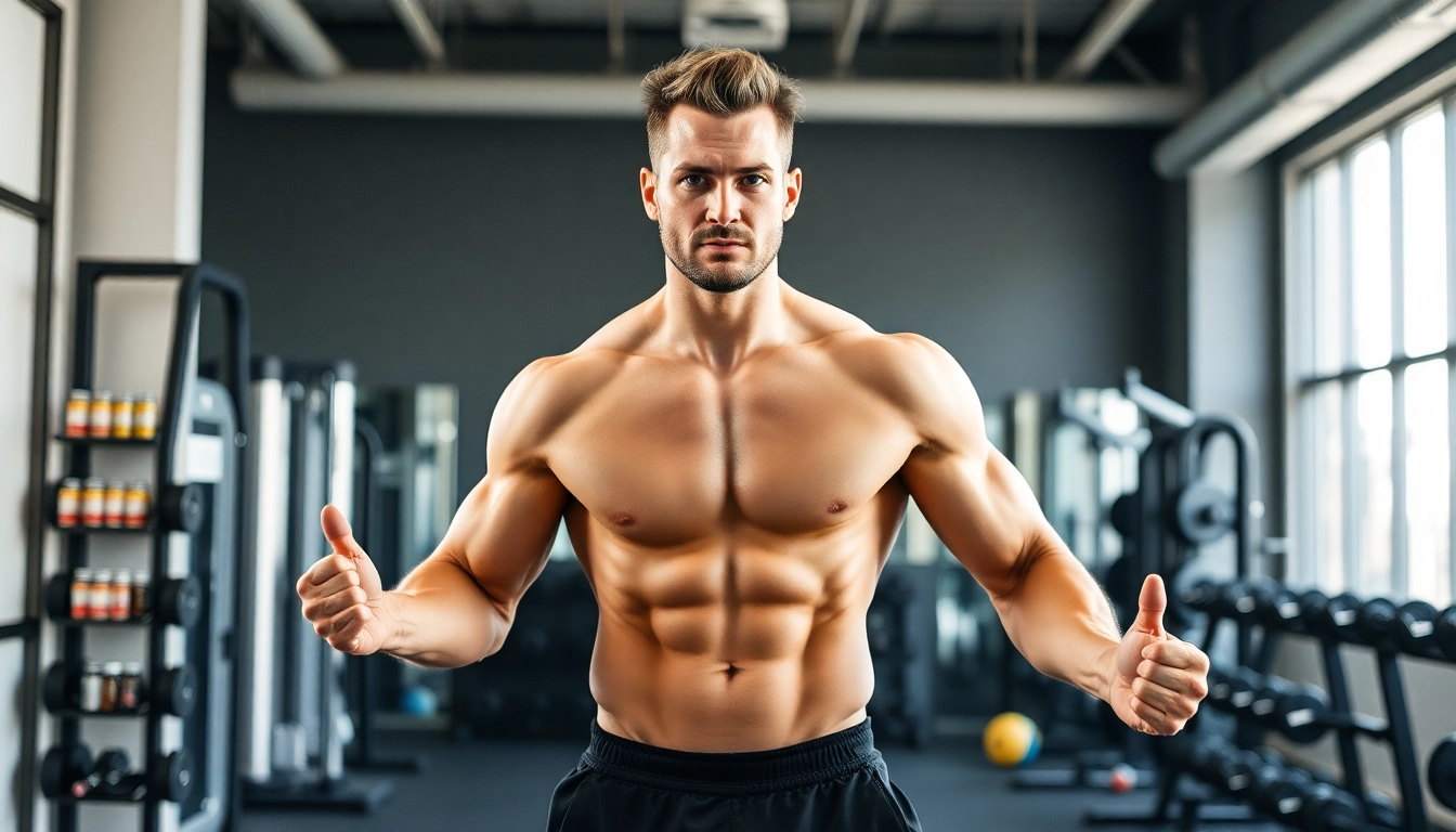Ein muskulöser Körper im Fitnessstudio, der Unique Pharma Steroids verwendet.