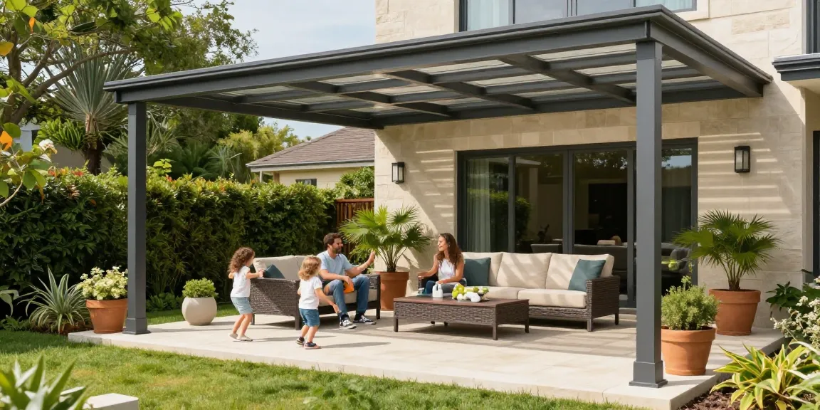 Moderne Terrassenüberdachungen mit Familie im Garten