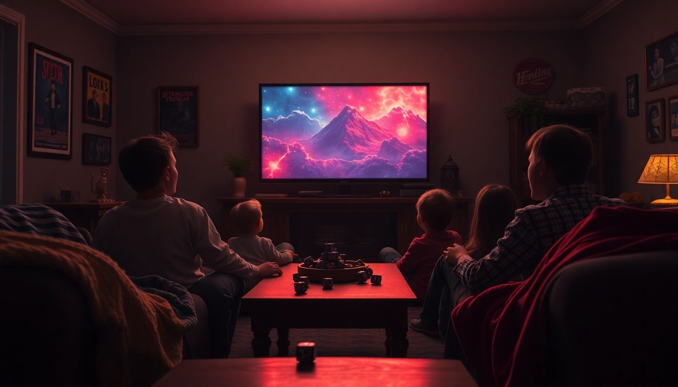 Nostalgische Wohnzimmer-Szene in der Stranger Things Rezension, die eine Familie zeigt, die das Finale mit D&D-Elementen ansieht.