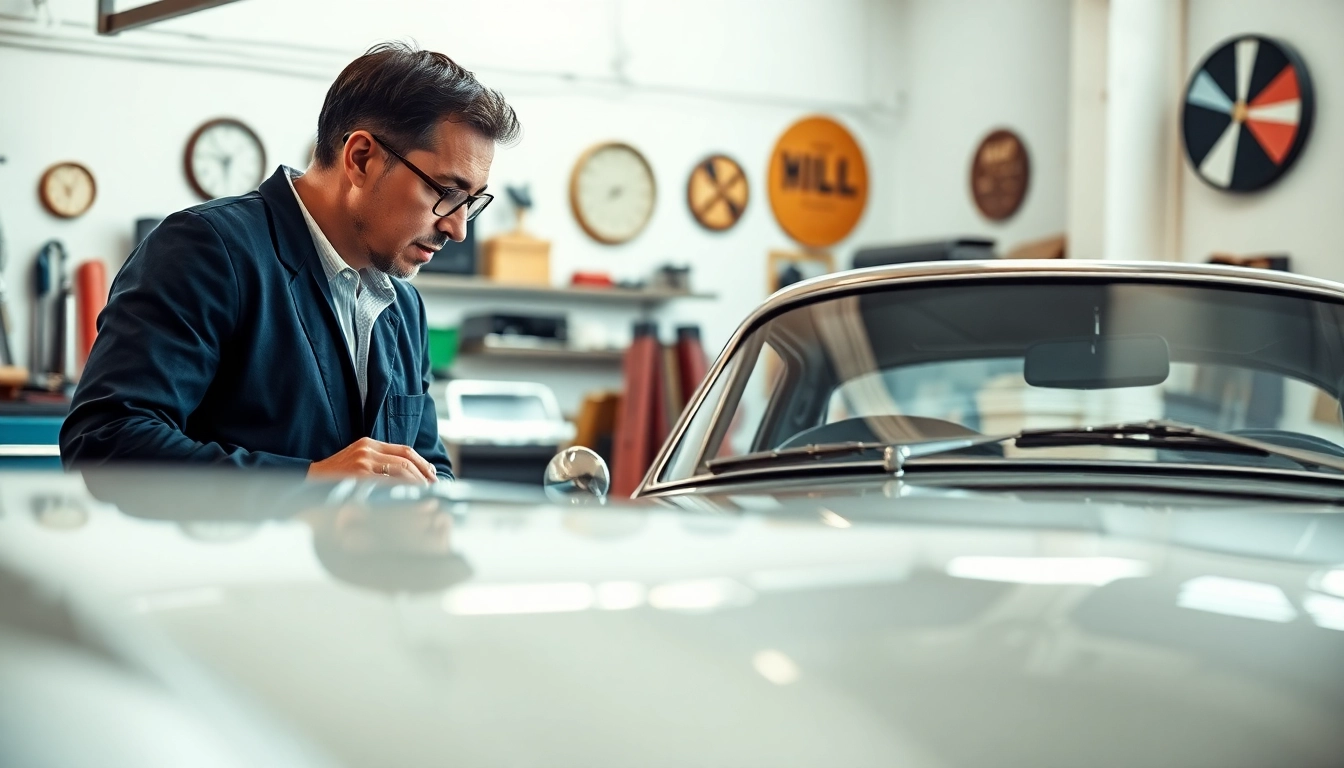 Oldtimer Gutachten: Fachmann bei der Prüfung eines Oldtimers in einer professionellen Umgebung.