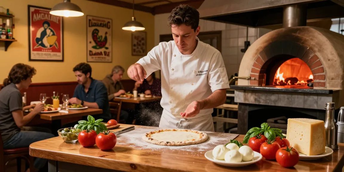 Delicious pg soft pizza being prepared at a lively Italian pizzeria with fresh ingredients.