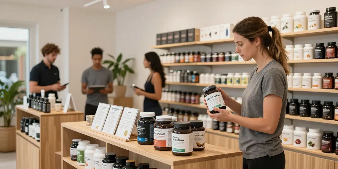 Medi Pharma Steroid Shop im modernen Wellness-Laden mit Kunden, die Produkte durchsuchen.