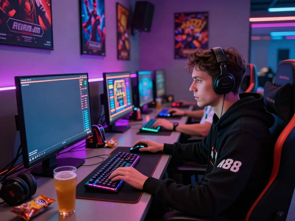 Engaged gamer playing on TA88 platform with lively ambiance.