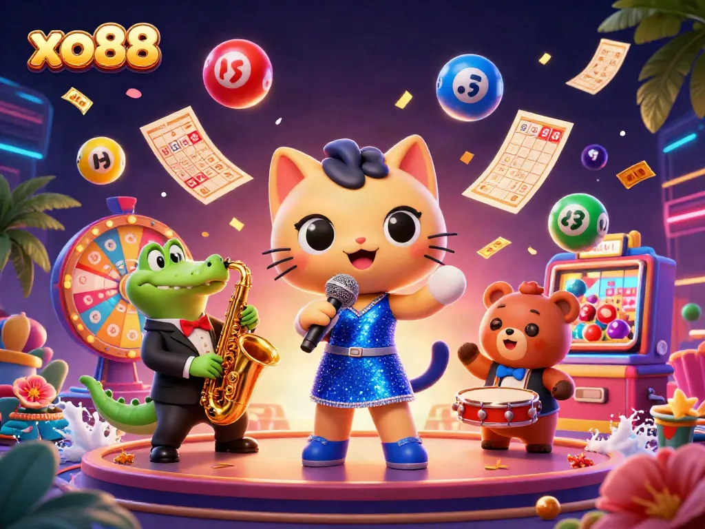 Experience winning with xo88 in a vibrant 3D casino scene featuring a jazzy singer cat.