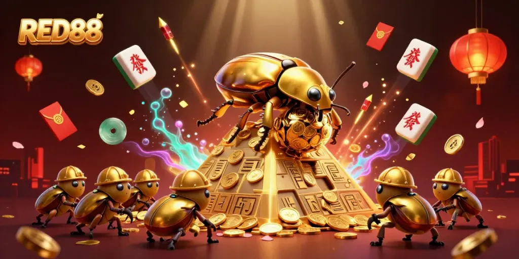 Experience winnings at RED88 with a golden beetle rolling coins in a vibrant casino scene.