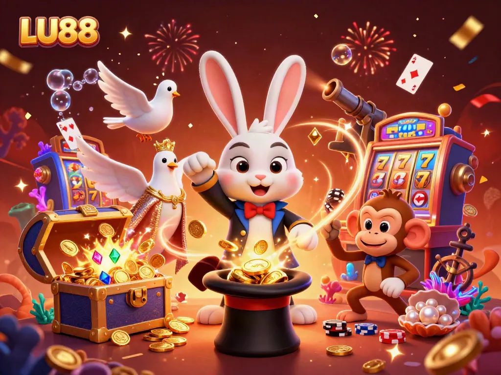 Experience the thrill of LU88 with a magical scene featuring a rabbit magician, dove, and monkey amidst vibrant casino elements.