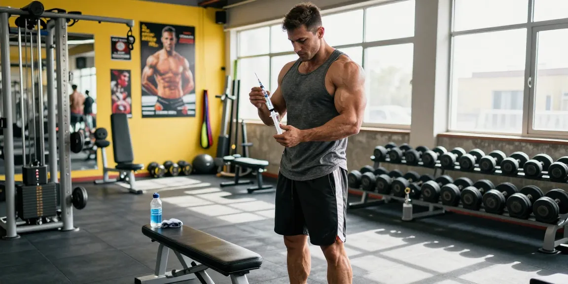 Aktivitäten im Anabolika Shop: Bodybuilder bereitet sich auf die Injektion von Steroiden vor, um maximale Ergebnisse zu erzielen.
