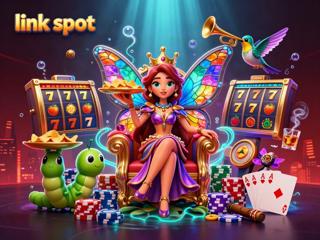 Experience the excitement of link slot with a vibrant casino scene featuring a butterfly queen and slot symbols.