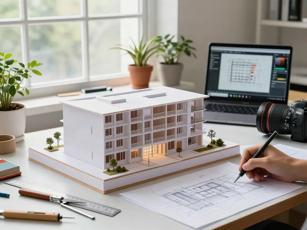 Detailiertes Fassadenmodell in Maßstab 1:100 auf einem Arbeitstisch im Architekturbüro, umgeben von Modellierwerkzeugen.