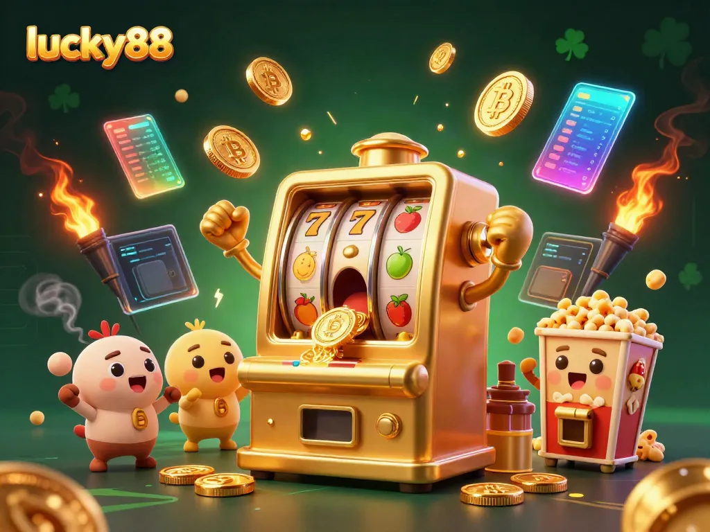 Lucky88 golden slot machine winning big with coins pouring out, showcasing excitement and vibrant casino elements.