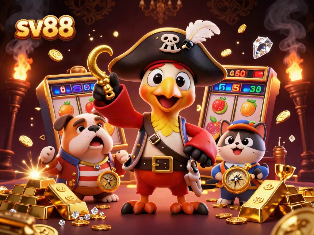 Experience the excitement of sv88 with a lively casino scene featuring colorful slot elements and treasure.