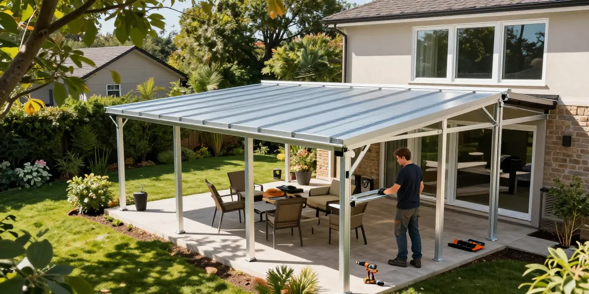 Freistehende Terrassenüberdachung aus Aluminium wird von Handwerkern in einem schönen Garten installiert.
