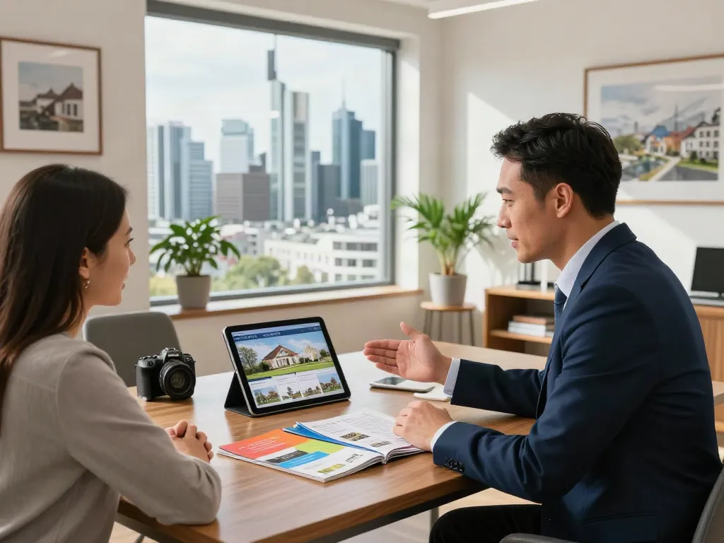 Bester Immobilienmakler Frankfurt berät Käufer in modernem Büro mit Stadtblick