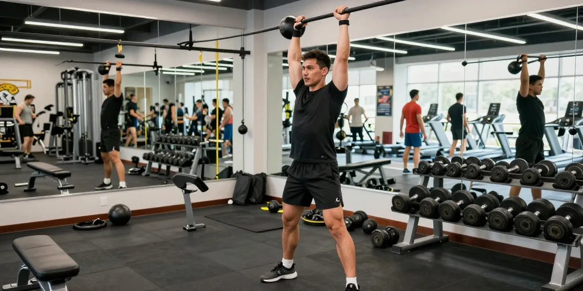 Intensives Training im Selliza Shop Fitnessstudio mit einem Athleten, der Kettlebells hebt.