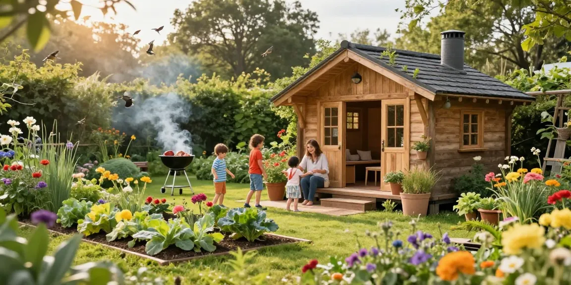 Ein Garten Haus umgeben von blühenden Pflanzen und einer Familie, die im Freien spielt.