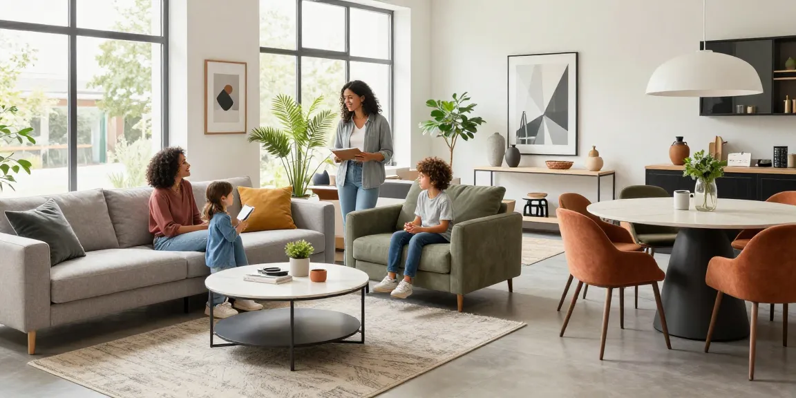 Familie erkundet moderne Möbel in einem stilvollen Showroom, während sie nach möbel deutschland online kaufen.