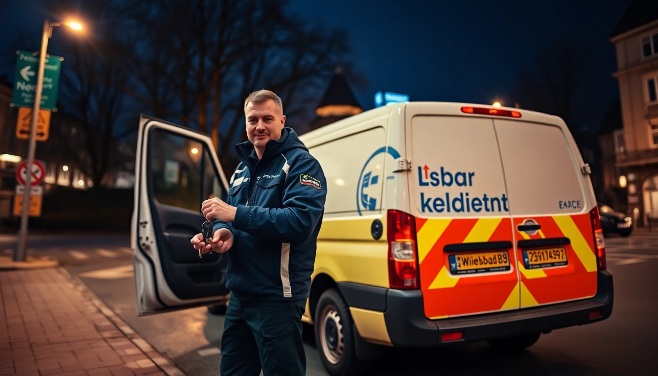 Schlüsseldienst bei Nacht – schneller, zuverlässiger Service mit dem Branding von Wiesbaden Schlüsseldienst.
