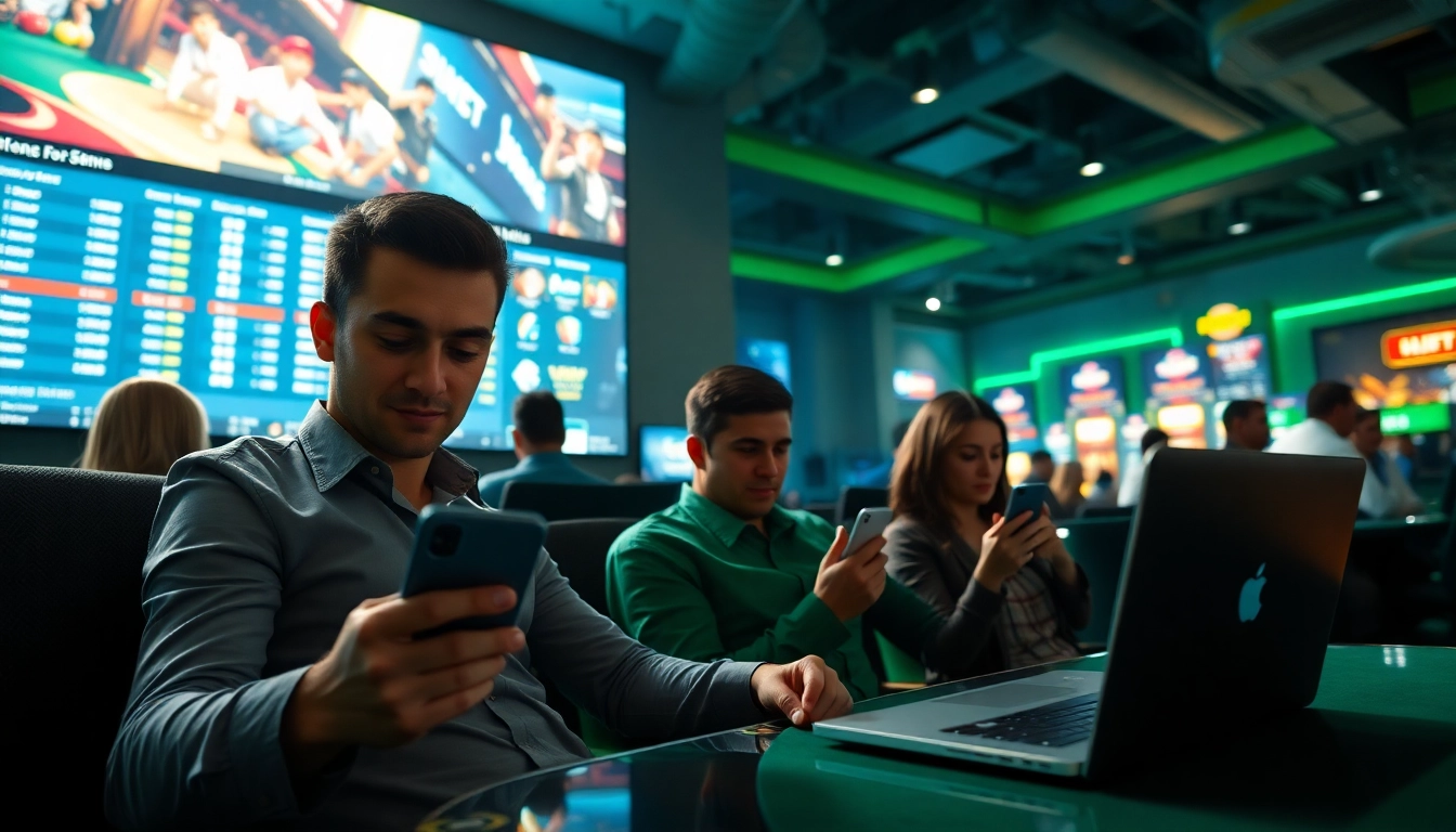 The image showcases a vibrant online gambling scene, highlighting reputable betting platforms with engaging players and digital screens, emphasizing 'nha cai uy tin'.