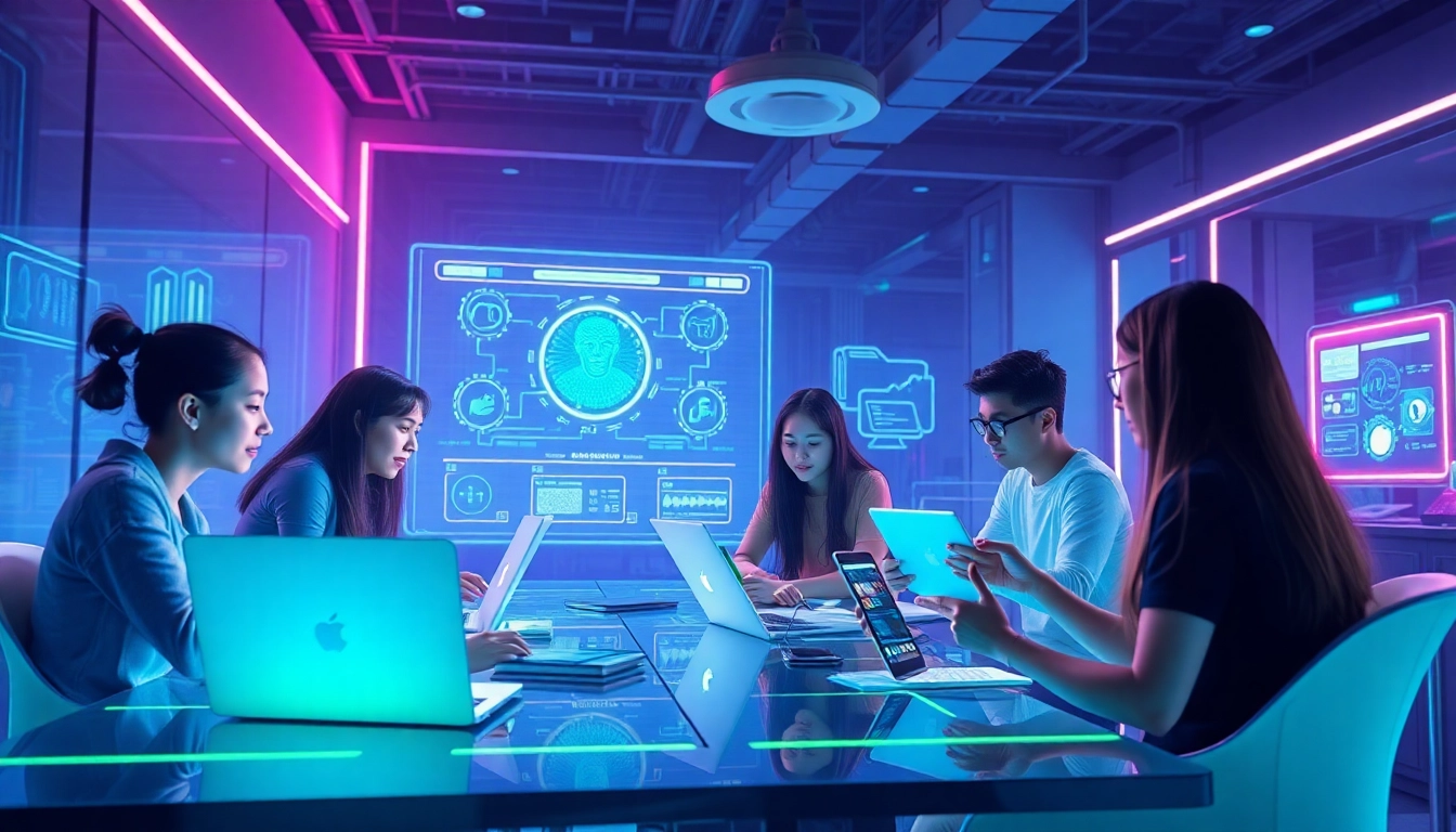 Young adults exploring ai 18+ in a futuristic tech workspace, engaging with innovative AI applications.