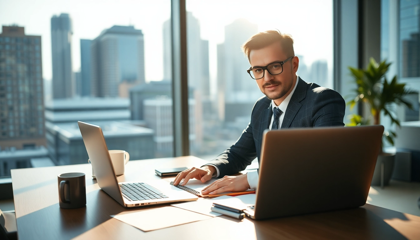 Headhunter Schweiz berät Klienten in moderner Büroumgebung mit Laptop und Unterlagen.
