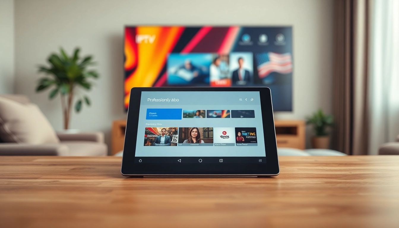 IPTV Abo Service auf einem modernen Tablet in einem einladenden Wohnzimmer-Setting.