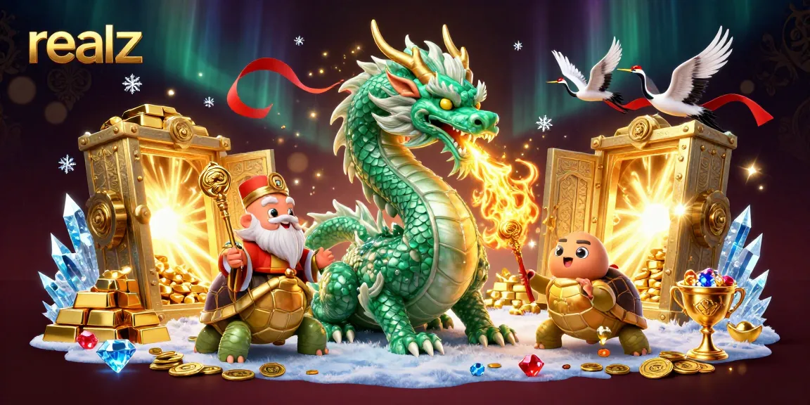 Spin the reels at realz with a vibrant scene featuring a lucky jade dragon, turtle sage, and flying cranes.