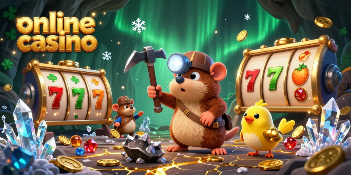 Experience thrilling wins at an online casino with a treasure hunter mole and vibrant slot elements.